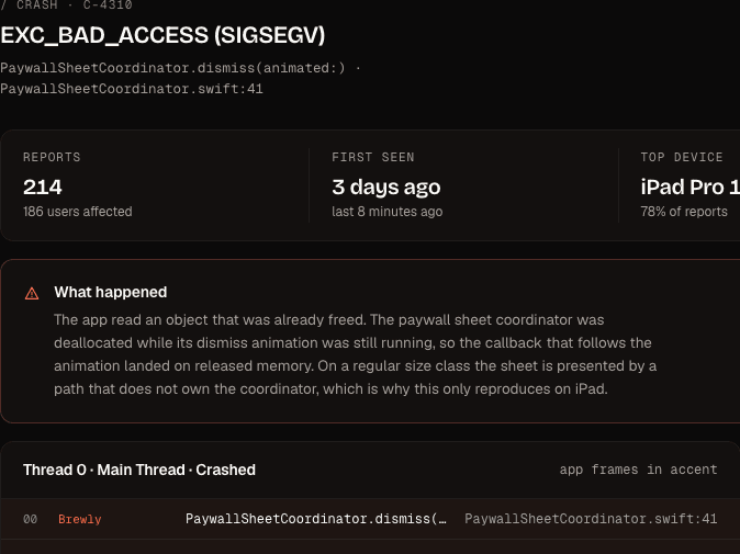 Orbit crash view: EXC_BAD_ACCESS with a plain-language explanation of what happened